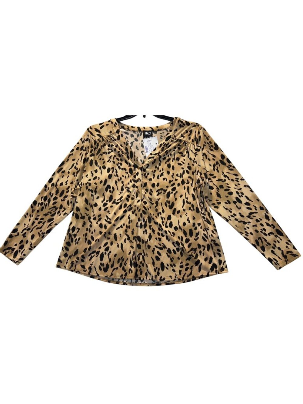 INC International Concepts 0X Leopard Print Button-Up Blouse Long Sleeve